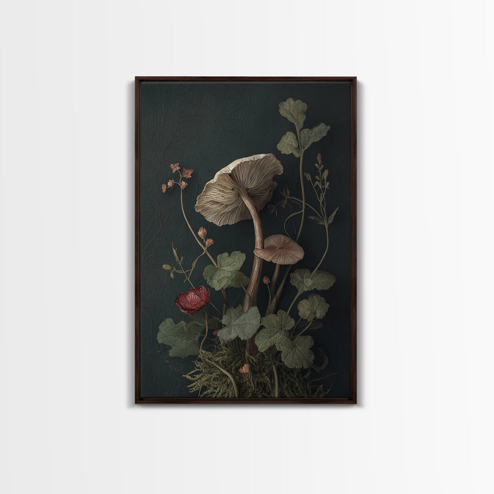 Mushrooms and Moss Botanical Field Study Framed Canvas Print, Botanical Art, Oil Painting, Living Room Decor, Fine Art, Botanic, BOT-2x3-17