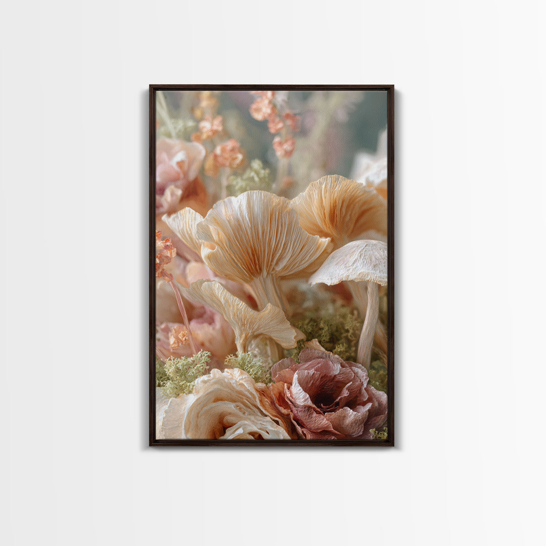 Mushrooms and Moss Botanical Field Study Framed Canvas Print, Botanical Art, Oil Painting, Living Room Decor, Fine Art, Botanic, BOT-2x3-41
