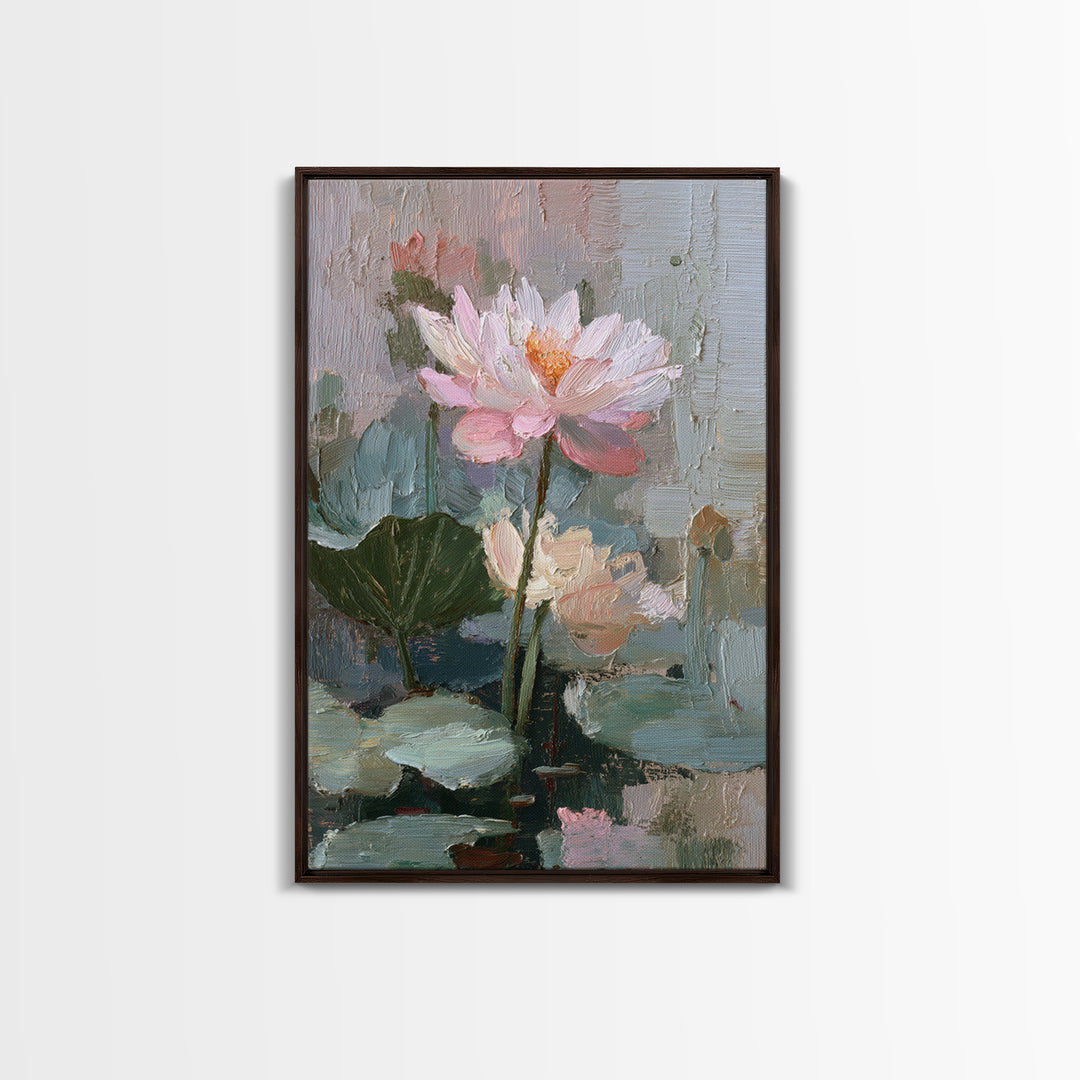 Lotus Flower and Lily Pads on Still Framed Canvas Print, Botanical Art, Living Room Decor, Watercolor Art, Botanic, BOT-2x3-75