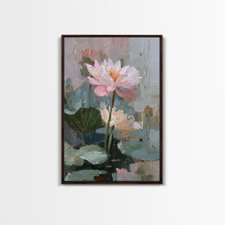 Lotus Flower and Lily Pads on Still Framed Canvas Print, Botanical Art, Living Room Decor, Watercolor Art, Botanic, BOT-2x3-75