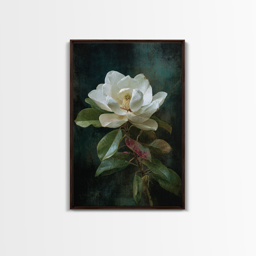 Dramatic White Magnolia on Dark Background Canvas Print, Botanical Art, Oil Painting, Living Room Decor, Fine Art, Botanic, BOT-2x3-86