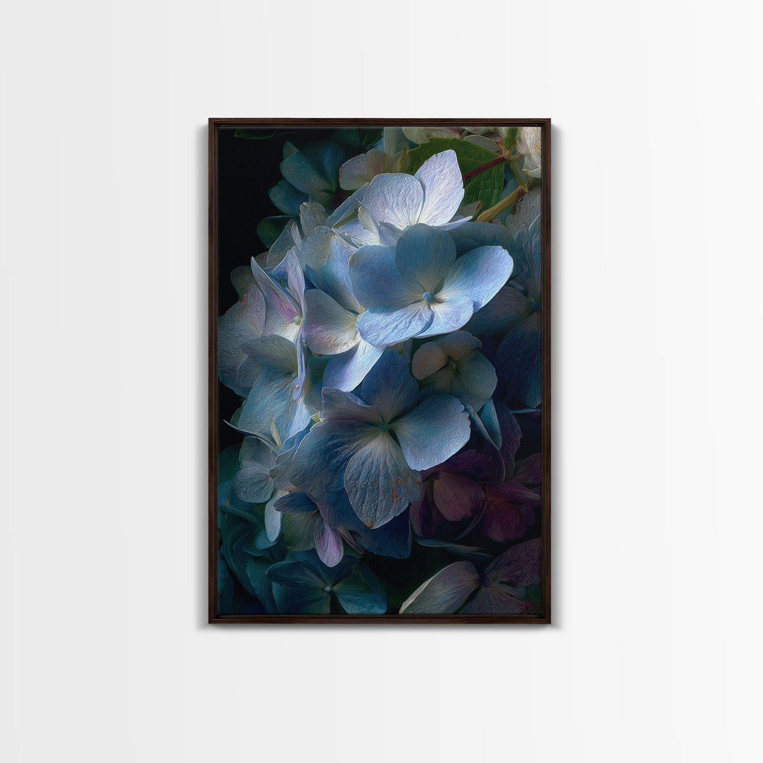 Blue Hydrangea Cluster Framed Canvas Print, Botanical Art, Wall Art Prints, Living Room Decor, Watercolor Art, Botanic, BOT-2x3-98