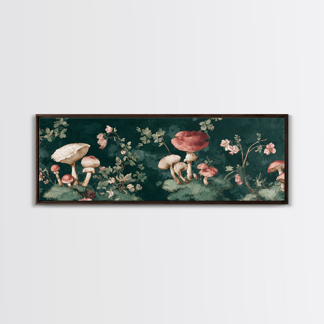 Mushrooms and Moss Botanical Field Study Framed Canvas Print, Botanical Art, Neutral Decor, Living Room Decor, Oil Painting, BOT-3x1-73