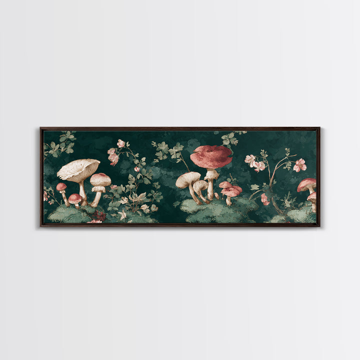 Mushrooms and Moss Botanical Field Study Framed Canvas Print, Botanical Art, Neutral Decor, Living Room Decor, Oil Painting, BOT-3x1-73