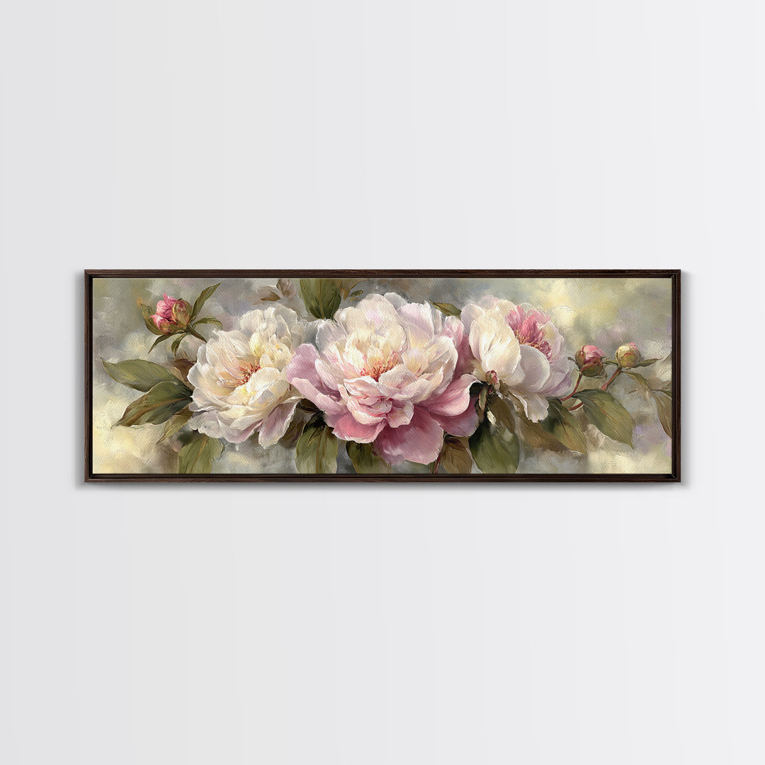 Peony Bloom with Layered Romantic Petals Framed Canvas Print, Botanical Art, Living Room Decor, Botanic, Fine Art Print, BOT-3x1-74