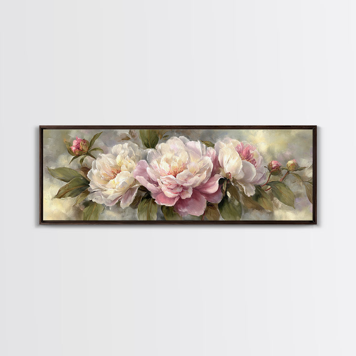 Peony Bloom with Layered Romantic Petals Framed Canvas Print, Botanical Art, Living Room Decor, Botanic, Fine Art Print, BOT-3x1-74