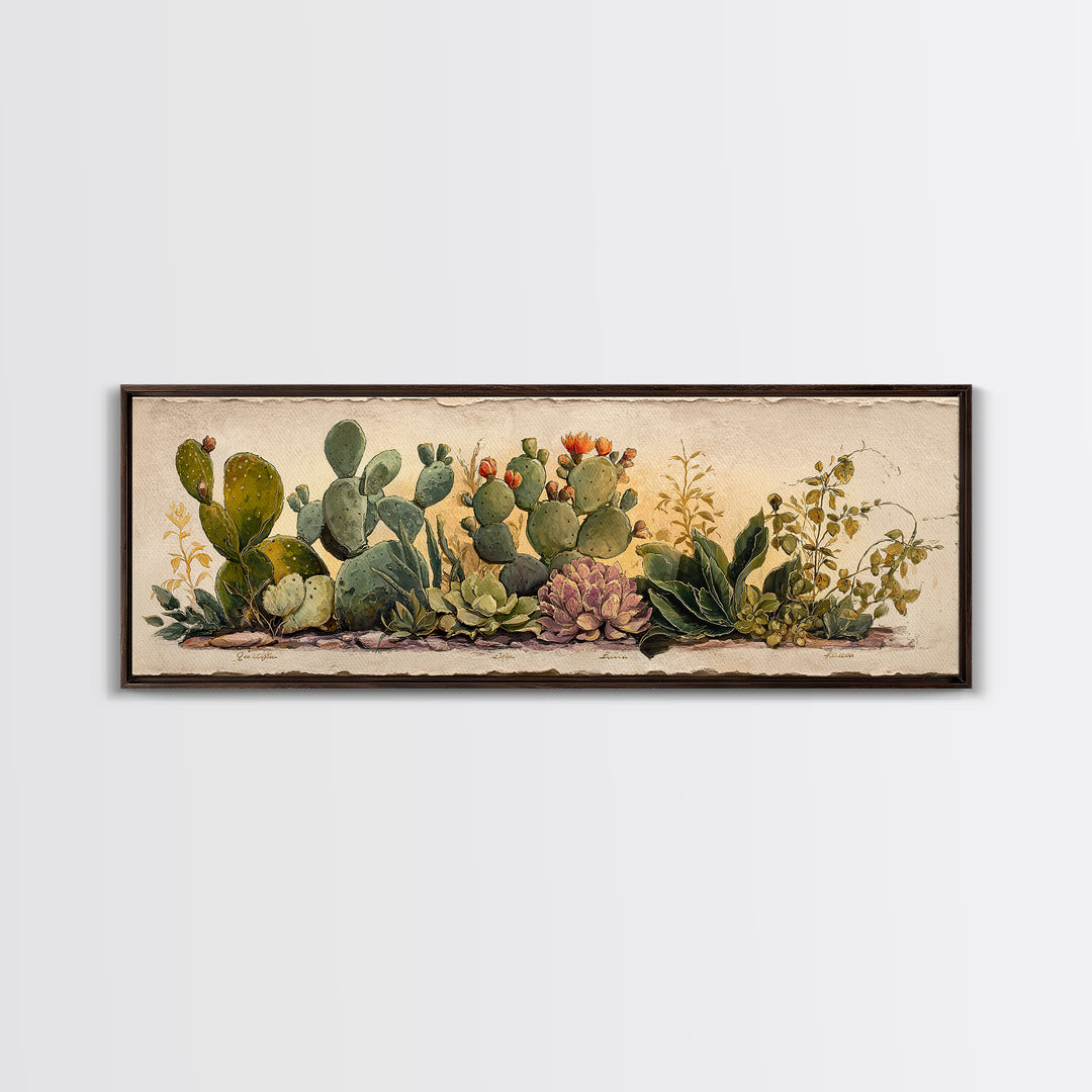 Cactus Botanical Plate Framed Canvas Print, Botanical Art, Sage Green Wall Art, Living Room Decor, Oil Painting, Botanic, BOT-3x1-77