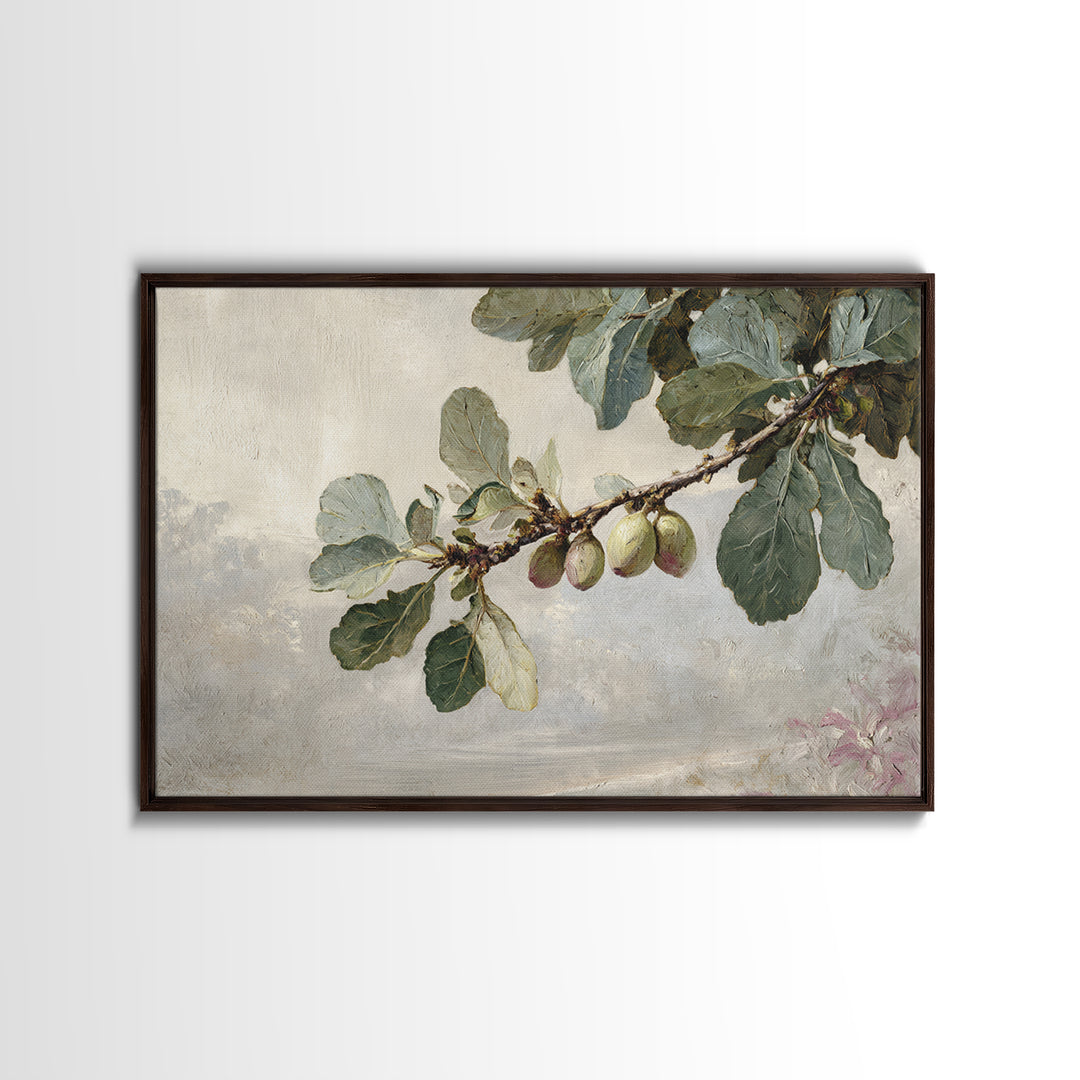 Fig Branch with Fruit and Broad Leaves Framed Canvas Print, Botanical Art, Statement Artwork, Living Room Decor, Botanic, BOT-3x2-19
