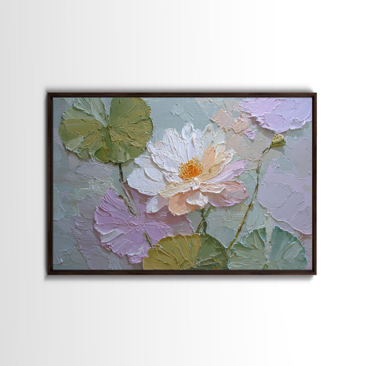 Lotus Flower and Lily Pads on Still Framed Canvas Print, Botanical Art, Living Room Wall Art, Living Room Decor, Botanic, BOT-3x2-71