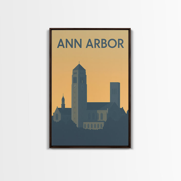 Ann Arbor Travel Poster, Framed Canvas Print, Sunset Skyline Wall Art, Ann Arbor Wall Art, Travel Wall Art, City Illustration, Wall Art