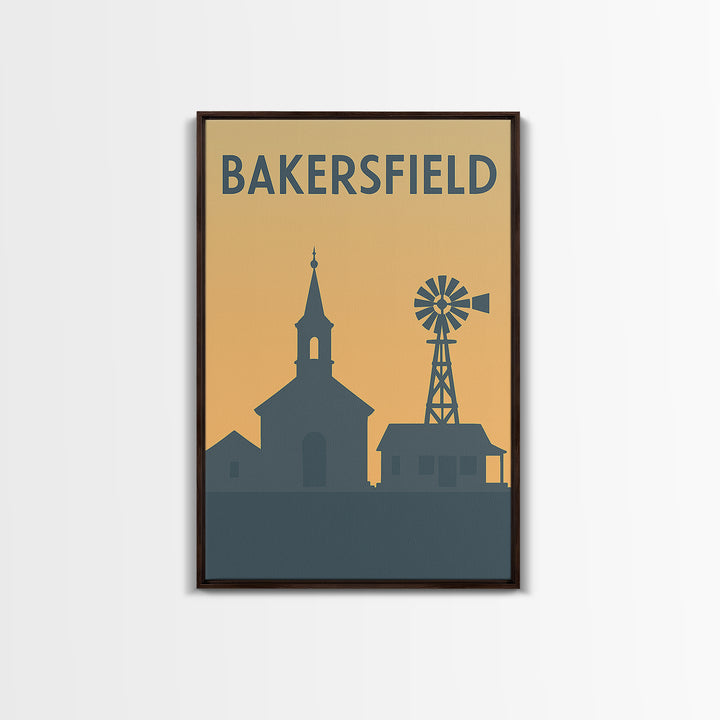 Bakersfield Travel Poster, Framed Canvas Print, Sunset Skyline Wall Art, Bakersfield Wall Art, Wanderlust Decor, Travel Wall Decor