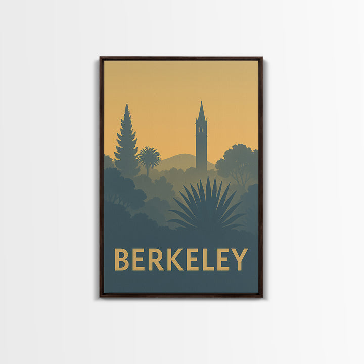 Berkeley Travel Poster, Framed Canvas Print, Sunset Skyline Wall Art, Berkeley City Art, Mid Century Wall Art, Vintage City Poster