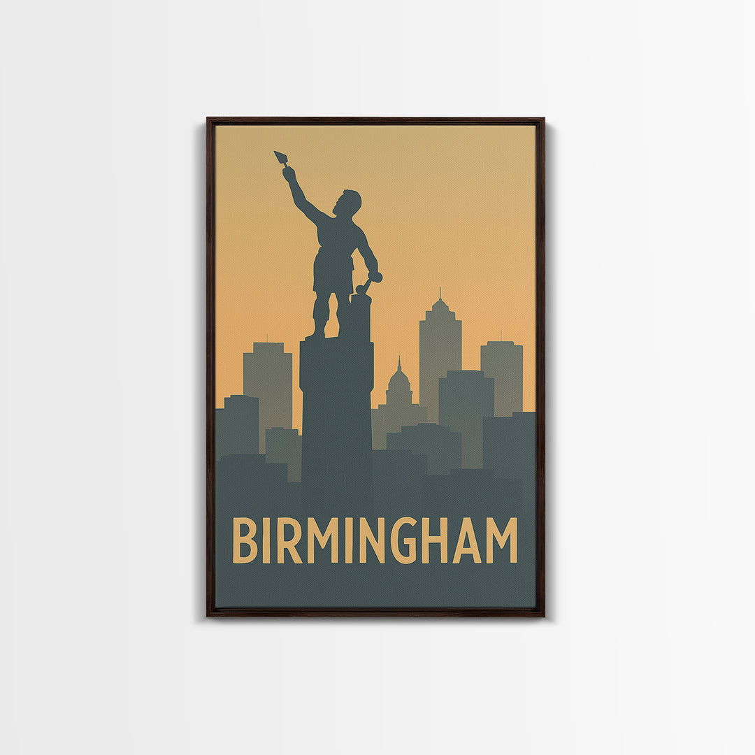 Birmingham Travel Poster, Framed Canvas Print, Sunset Skyline Wall Art, Birmingham Poster Print, City Art Print, Vintage City Art