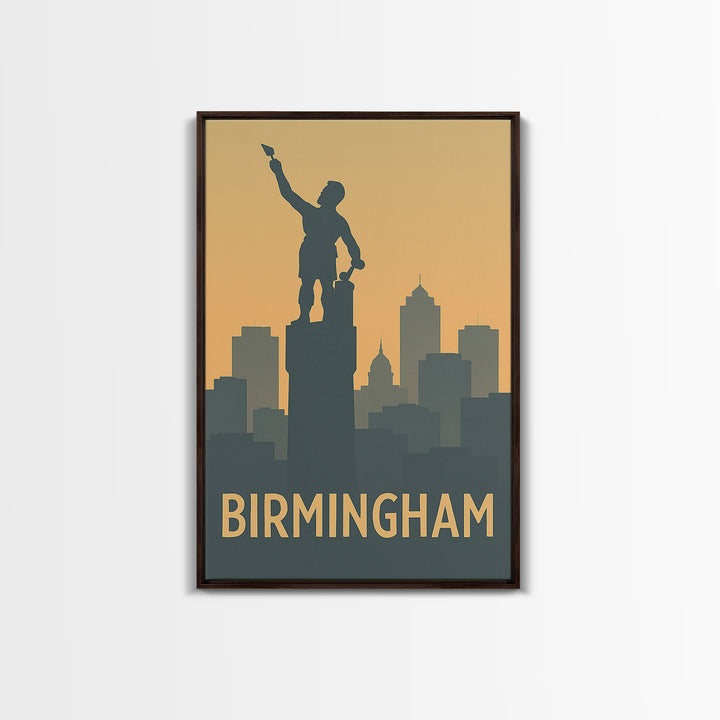 Birmingham Travel Poster, Framed Canvas Print, Sunset Skyline Wall Art, Birmingham Poster Print, City Art Print, Vintage City Art