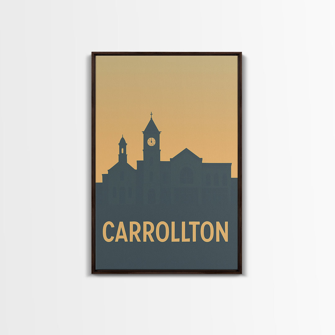 Carrollton Texas Travel Poster, Framed Canvas Print, Mid Century Travel Art, Carrollton Poster Print, City Travel Prints, Home Office Decor
