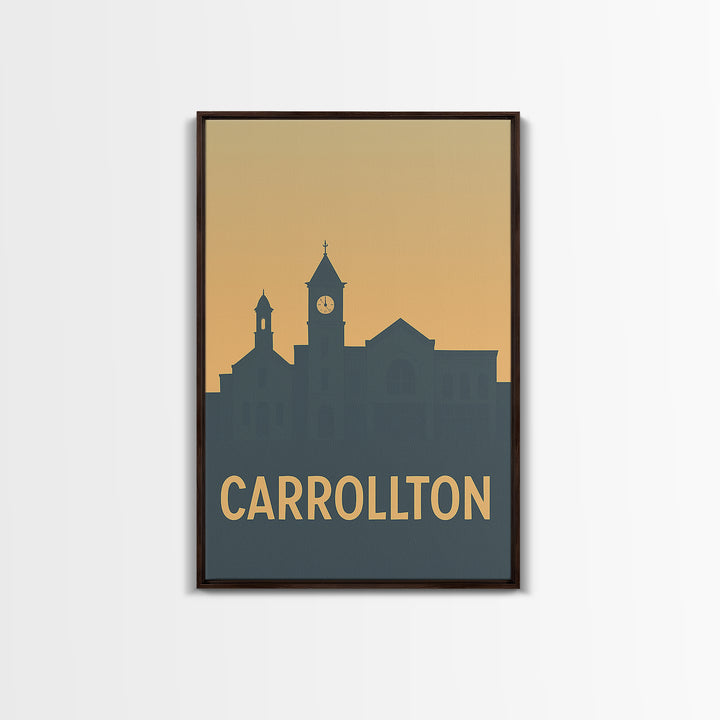 Carrollton Texas Travel Poster, Framed Canvas Print, Mid Century Travel Art, Carrollton Poster Print, City Travel Prints, Home Office Decor