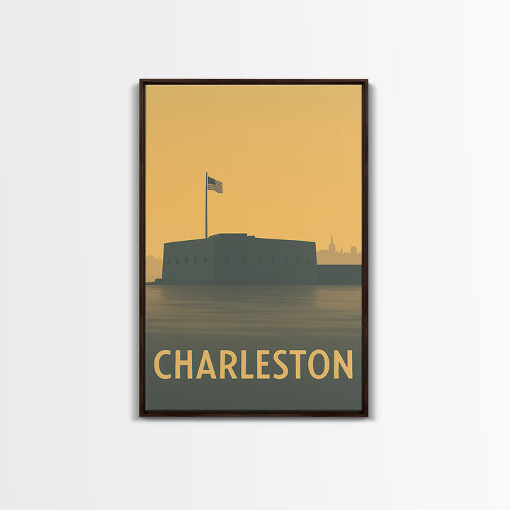 Charleston Travel Poster, Framed Canvas Print, Sunset Skyline Wall Art, Charleston City Art, Home Office Decor, Wanderlust Decor