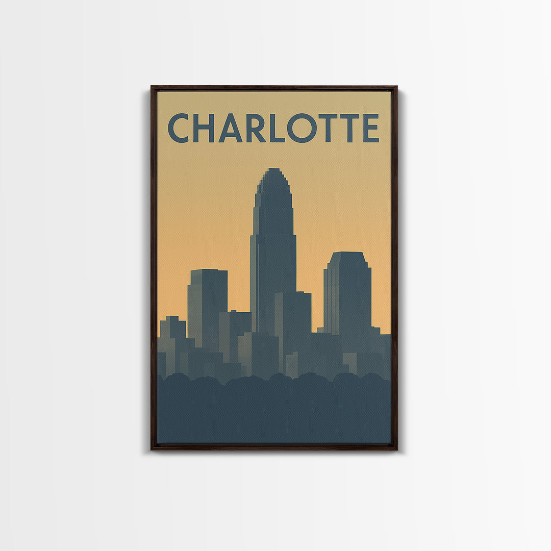 Charlotte North Carolina Travel Poster, Canvas Print, Sunset Skyline Wall Art, Charlotte Art Print, Watercolor Urban Skyline, Travel Art
