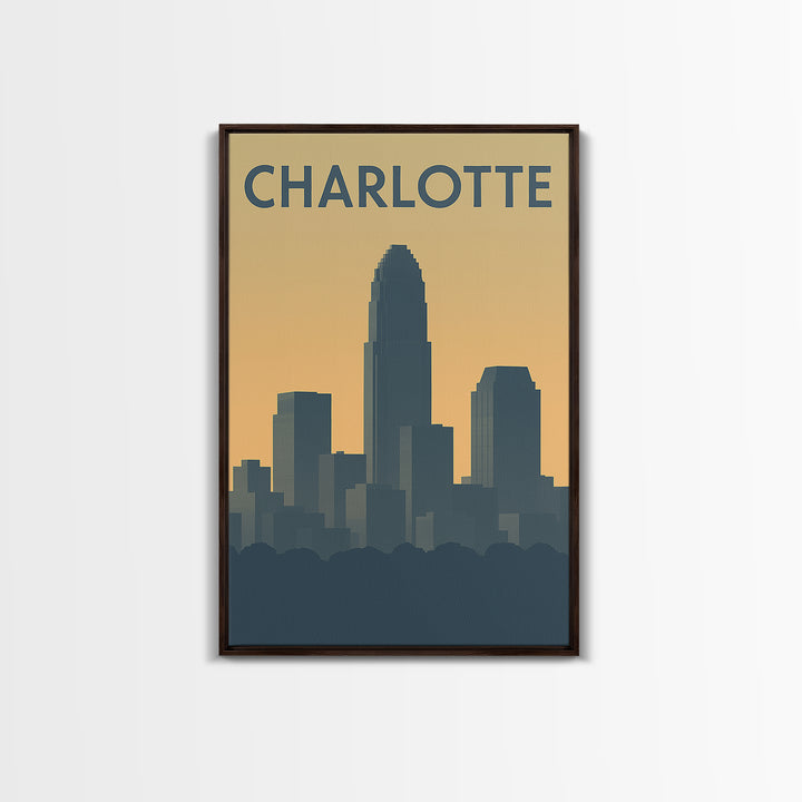 Charlotte North Carolina Travel Poster, Canvas Print, Sunset Skyline Wall Art, Charlotte Art Print, Watercolor Urban Skyline, Travel Art