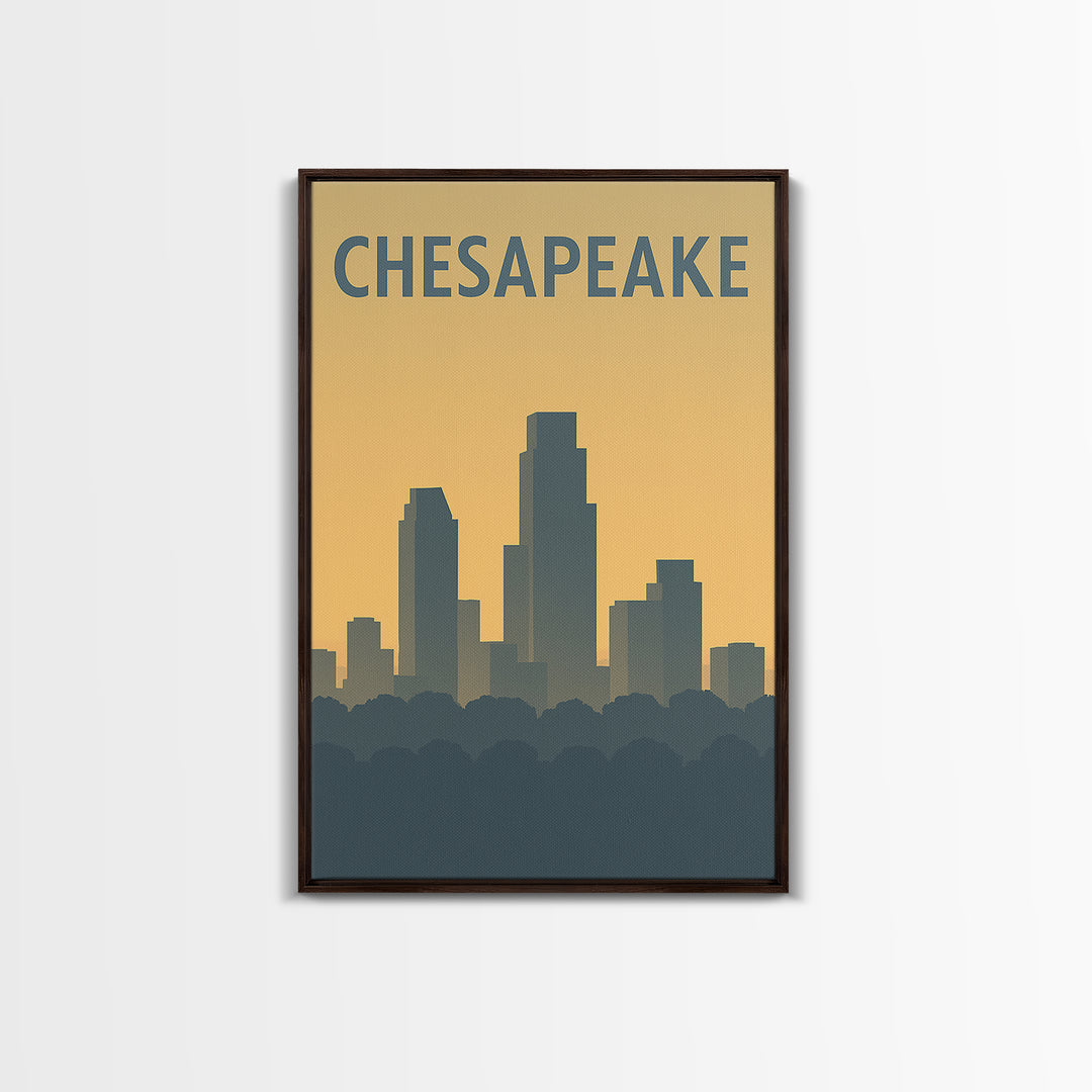 Chesapeake Virginia Travel Poster, Framed Canvas Print, Sunset Skyline Wall Art, Chesapeake Wall Art, Retro Travel Print, Home Office Decor