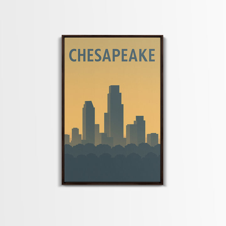 Chesapeake Virginia Travel Poster, Framed Canvas Print, Sunset Skyline Wall Art, Chesapeake Wall Art, Retro Travel Print, Home Office Decor