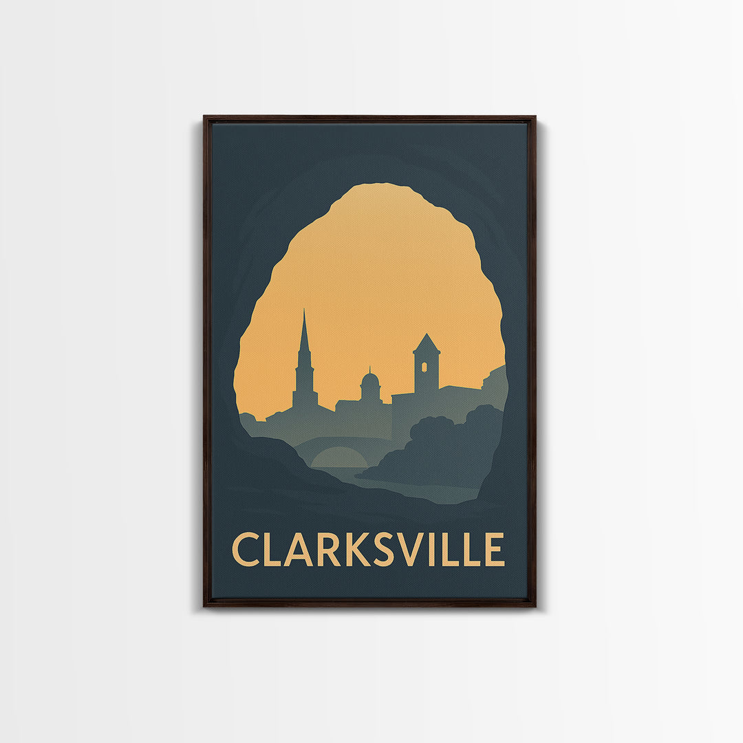 Clarksville Tennessee Travel Poster, Canvas Print, Sunset Skyline Wall Art, Clarksville Wall Art, City Travel Prints, Mid Century Wall Art