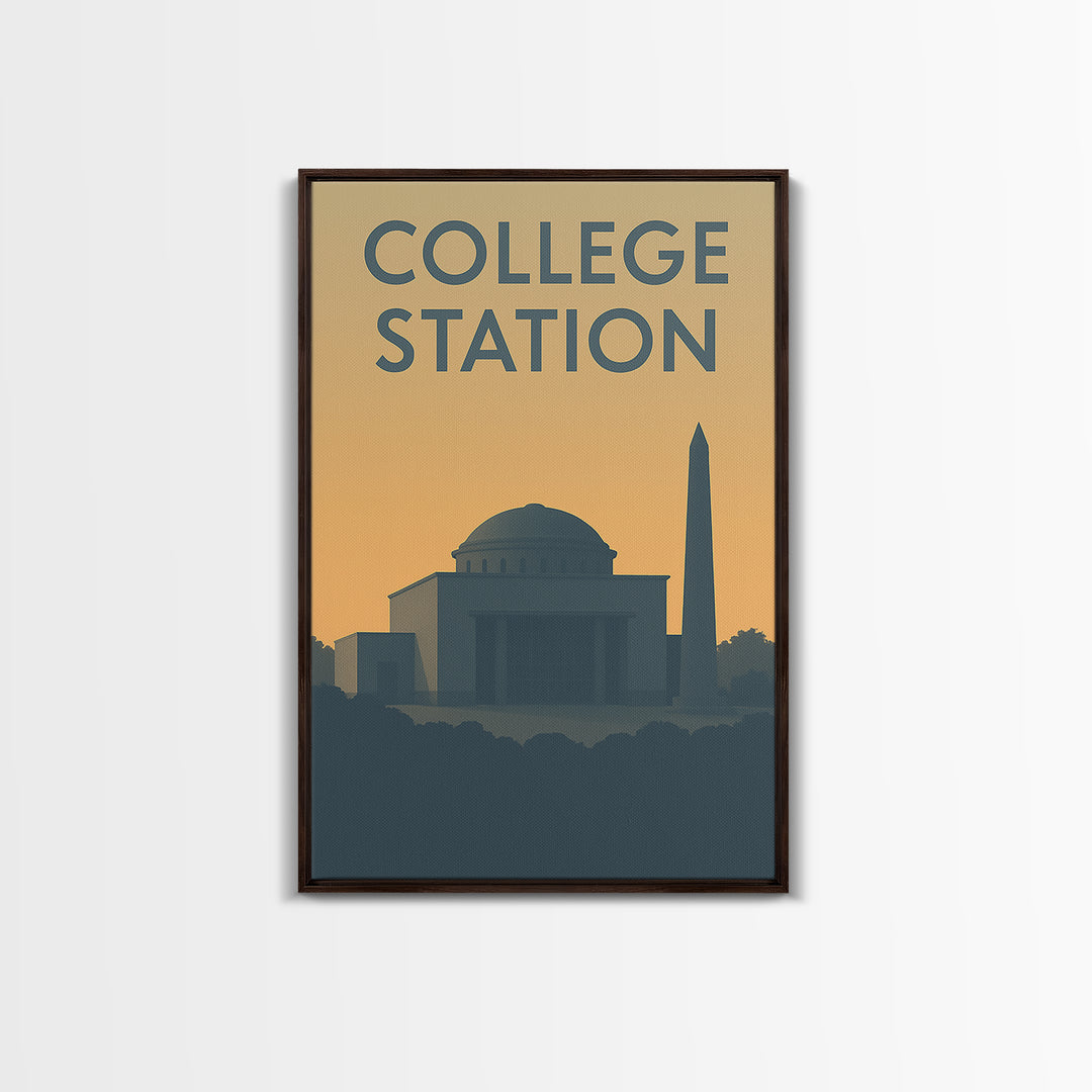 College Station Texas Travel Poster, Canvas Print, Sunset Skyline Wall Art, College Station Wall Art, Travel Art Print, Vintage City Art