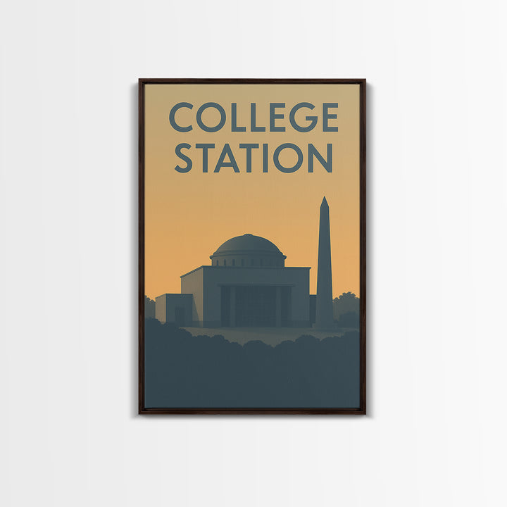 College Station Texas Travel Poster, Canvas Print, Sunset Skyline Wall Art, College Station Wall Art, Travel Art Print, Vintage City Art