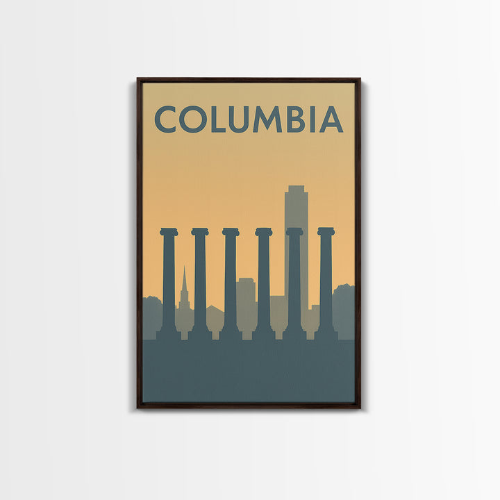 Columbia South Carolina Travel Poster, Canvas Print, Sunset Skyline Wall Art, Columbia Print, Art Print, Watercolor Downtown Skyline