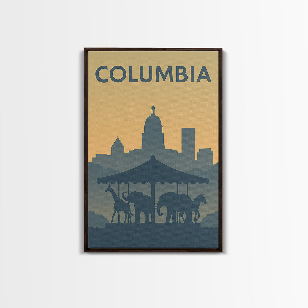 Columbia Travel Poster, Framed Canvas Print, Vintage City Poster Art, Columbia Travel Art, Mid Century Wall Art, Retro Travel Print