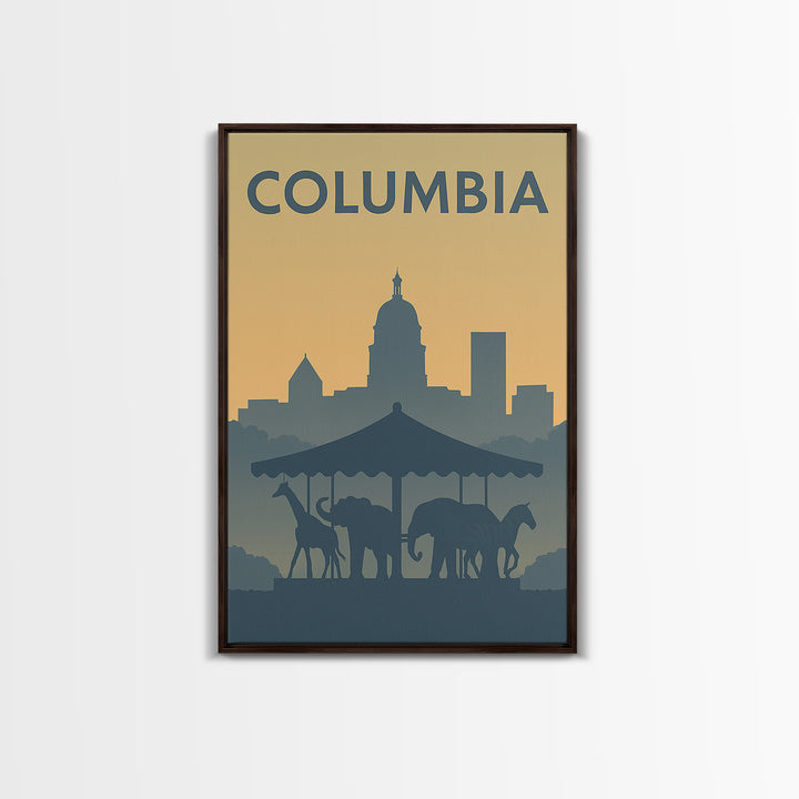 Columbia Travel Poster, Framed Canvas Print, Vintage City Poster Art, Columbia Travel Art, Mid Century Wall Art, Retro Travel Print