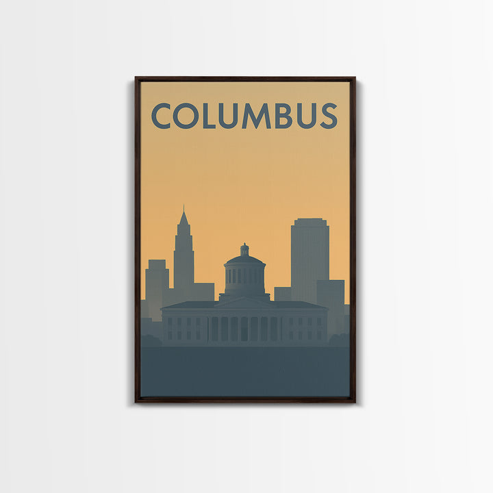 Columbus Travel Poster, Framed Canvas Print, Sunset Skyline Wall Art, Columbus Poster Print, Travel Wall Art, Travel Poster Art
