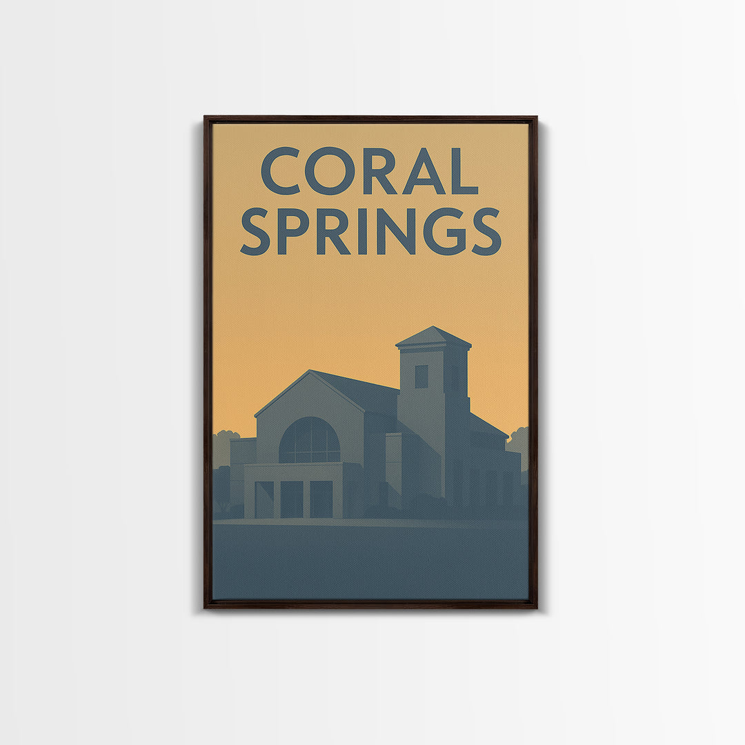 Coral Springs Travel Poster, Framed Canvas Print, Sunset Skyline Wall Art, Coral Springs Wall Art, City Travel Prints, City Illustration