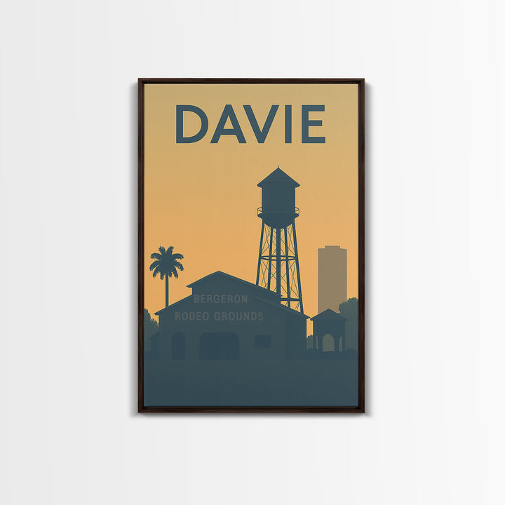 Davie Florida Travel Poster, Framed Canvas Print, Sunset Skyline Wall Art, Davie Art Print, Mid Century Wall Art, City Travel Prints