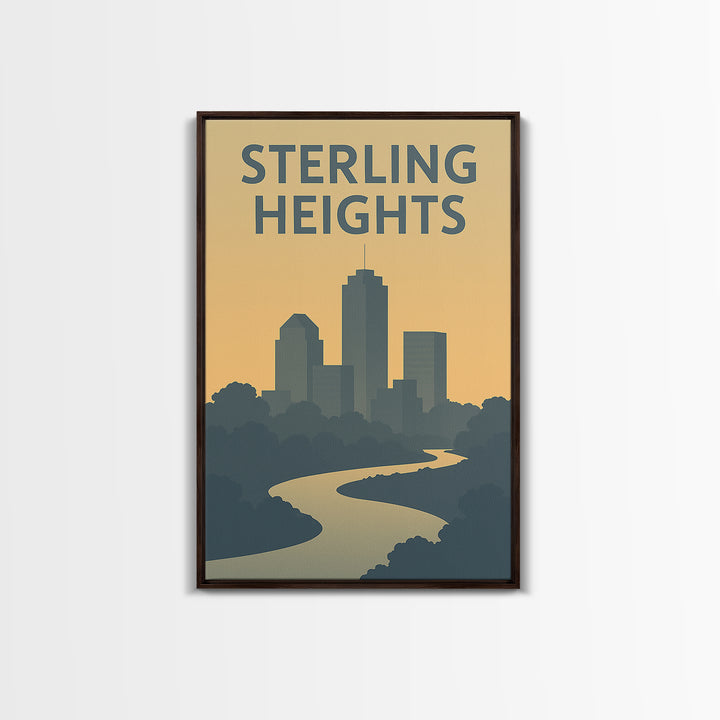 Sterling Heights Travel Poster, Canvas Print, Sunset Skyline Wall Art, Sterling Heights Travel Art, Watercolor Urban Skyline, Office Decor