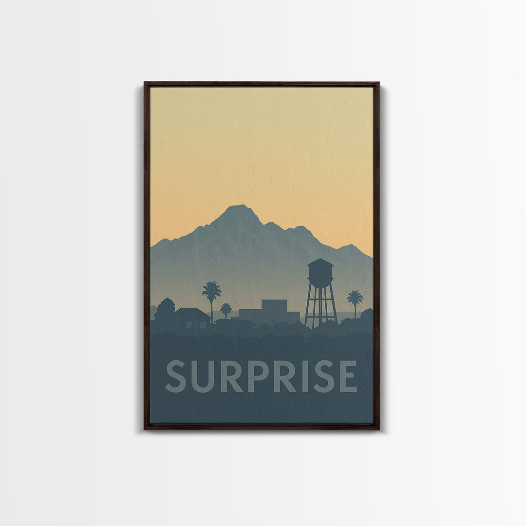 Surprise Travel Poster, Framed Canvas Print, Sunset Skyline Wall Art, Surprise Poster Print, Travel Poster Art, Eclectic Wall Decor
