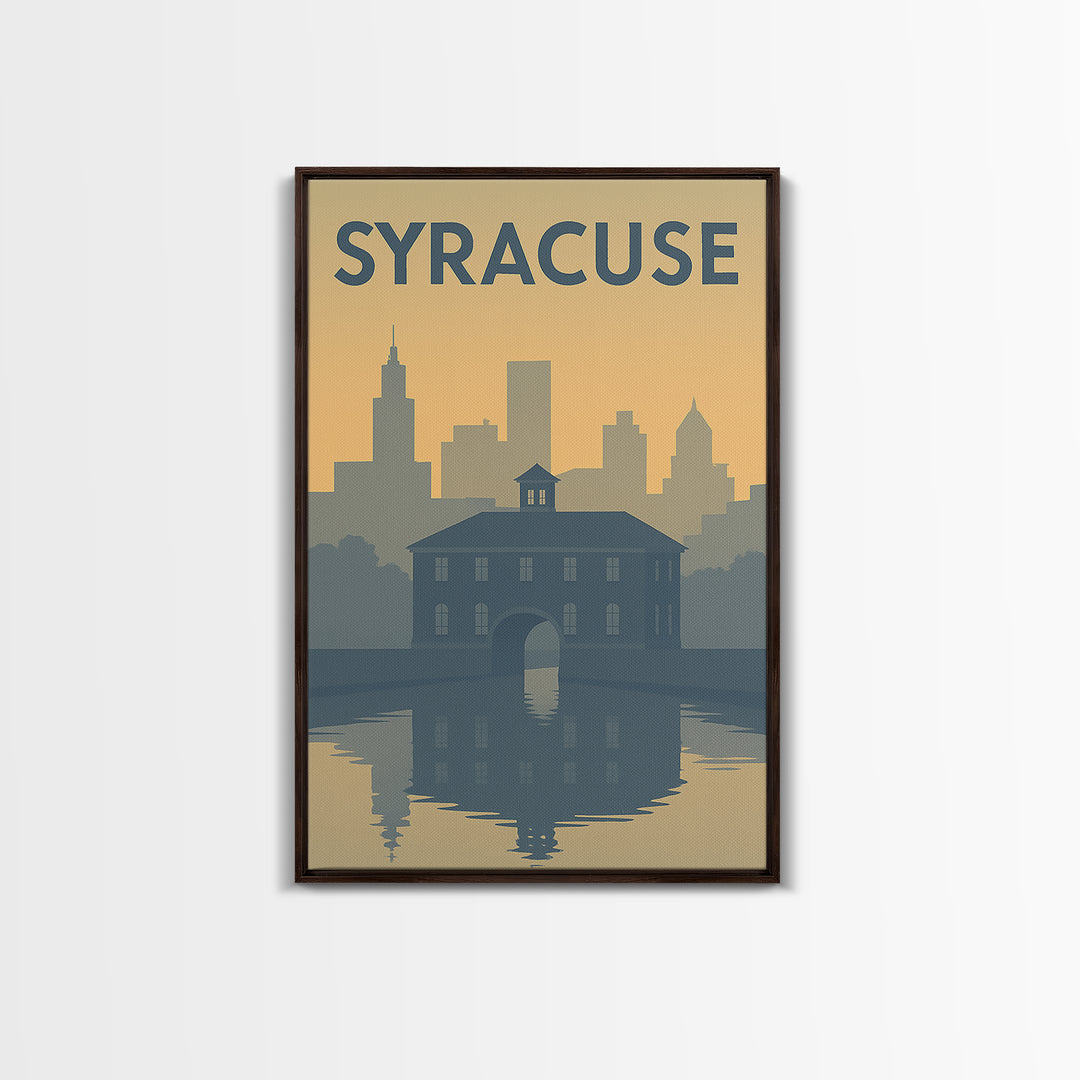 Syracuse New York Travel Poster, Framed Canvas Print, Sunset Skyline Wall Art, Syracuse City Art, Retro Travel Print, Modern Wall Decor