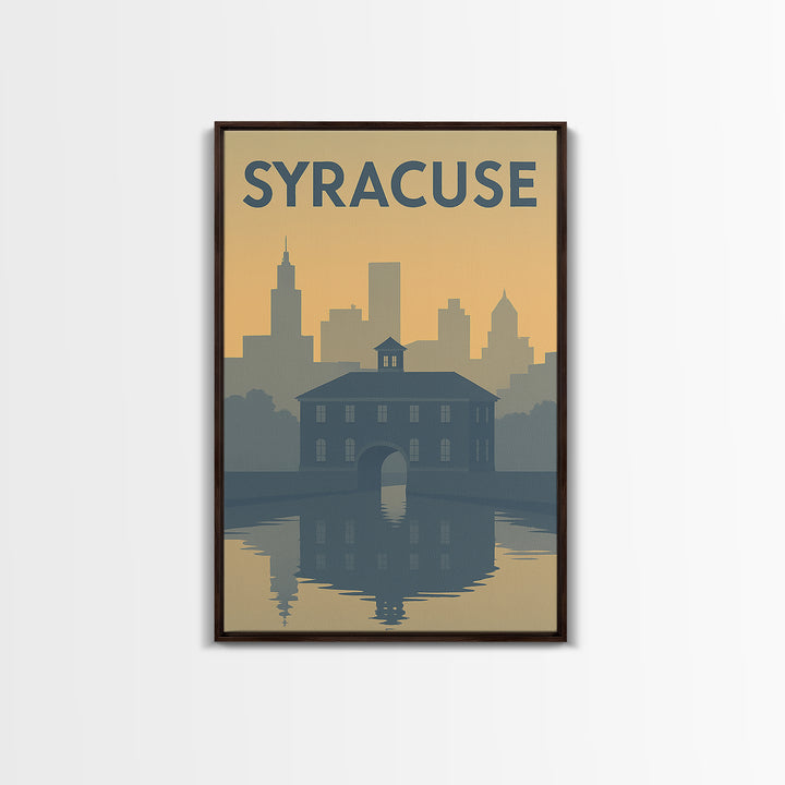 Syracuse New York Travel Poster, Framed Canvas Print, Sunset Skyline Wall Art, Syracuse City Art, Retro Travel Print, Modern Wall Decor