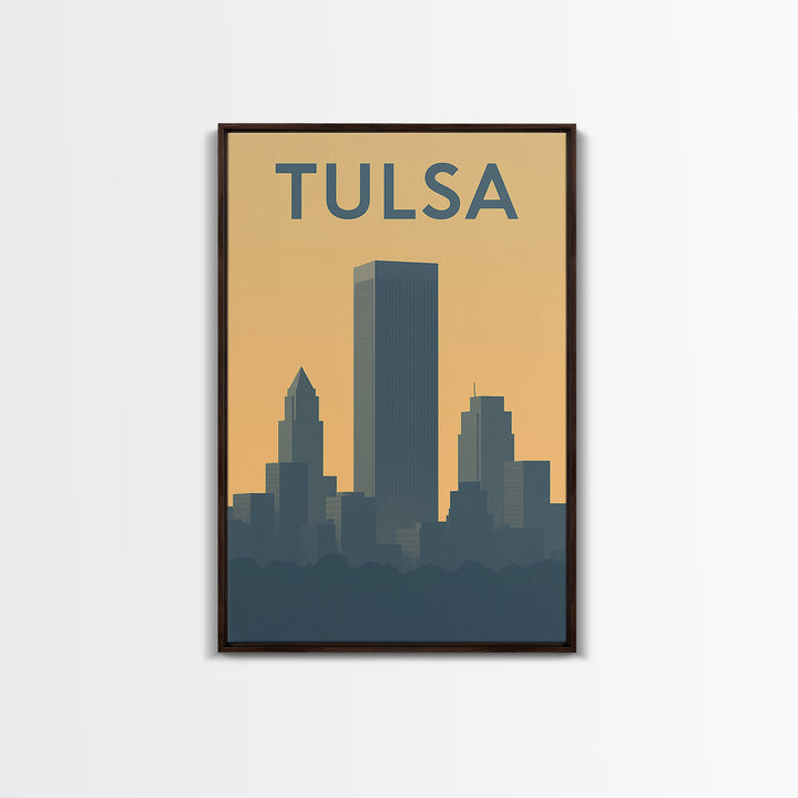 Tulsa Travel Poster, Framed Canvas Print, Sunset Skyline Wall Art, Tulsa Art Print, City Travel Prints, Wanderlust Decor, Travel Wall Decor