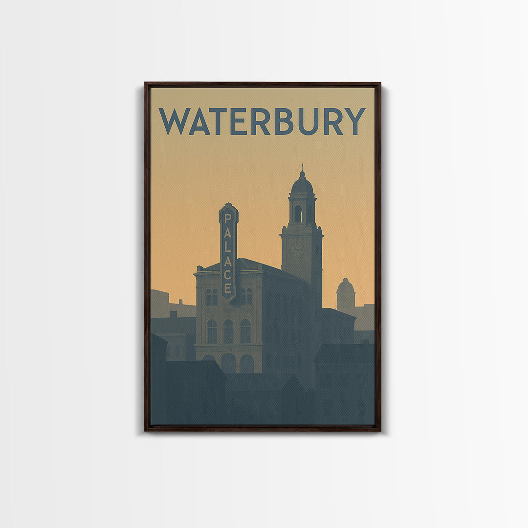 Waterbury Travel Poster, Framed Canvas Print, Minimalist Retro Wall Art, Waterbury Poster Print, Retro Travel Print, Modern Wall Decor