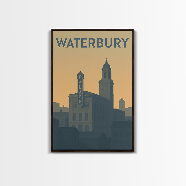 Waterbury Travel Poster, Framed Canvas Print, Minimalist Retro Wall Art, Waterbury Poster Print, Retro Travel Print, Modern Wall Decor