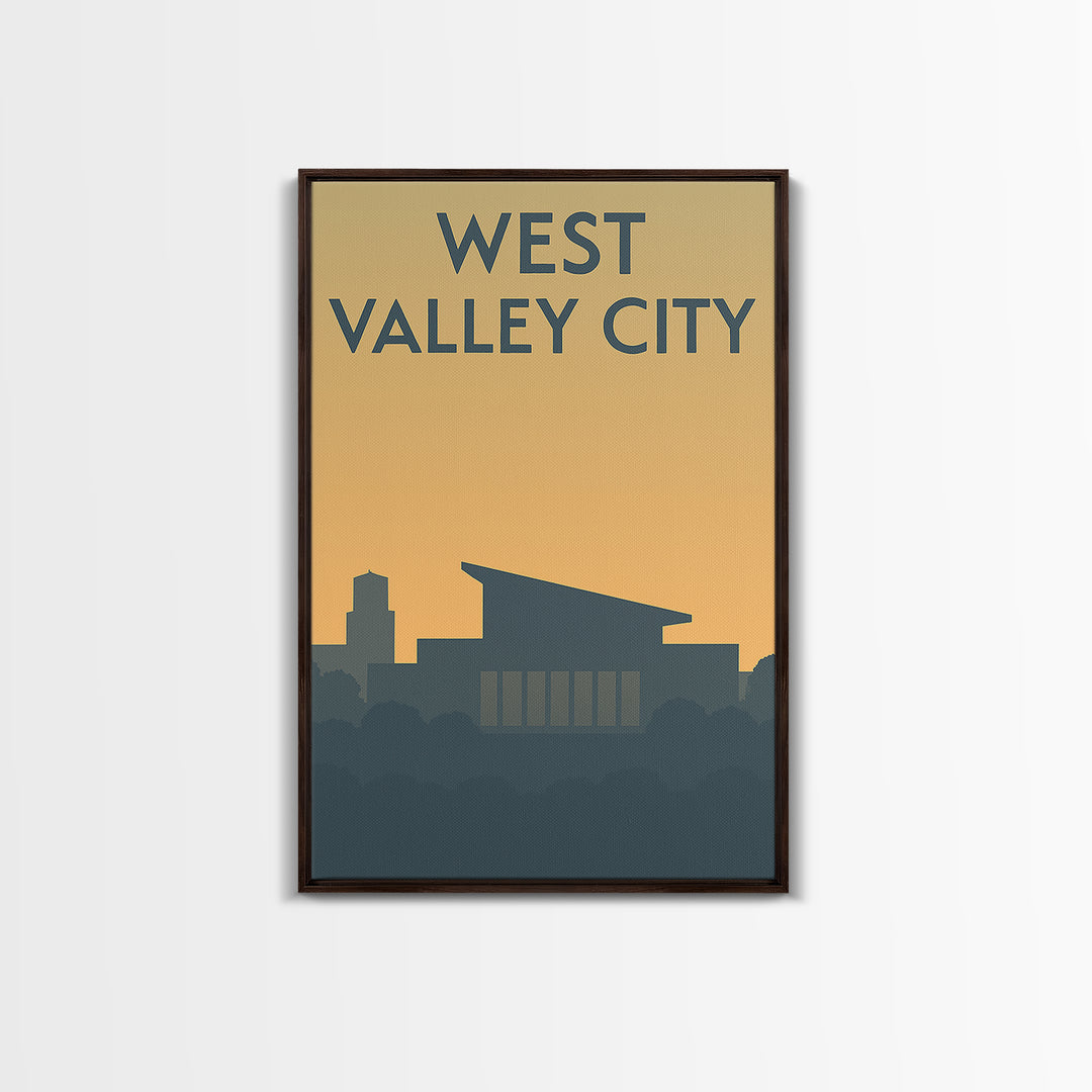 West Valley City Travel Poster, Framed Canvas Print, Minimalist Retro Wall Art, West Valley City City Art, Watercolor Downtown Skyline