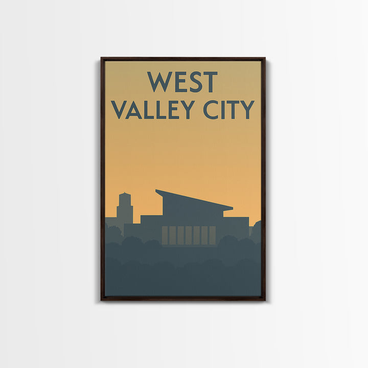 West Valley City Travel Poster, Framed Canvas Print, Minimalist Retro Wall Art, West Valley City City Art, Watercolor Downtown Skyline