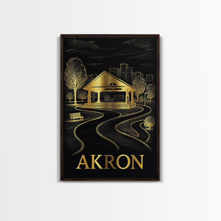 Akron Travel Poster, Framed Canvas Print, Dark Background Poster Art, Akron Art Print, Living Room Wall Art, Vintage City Art, Design 2