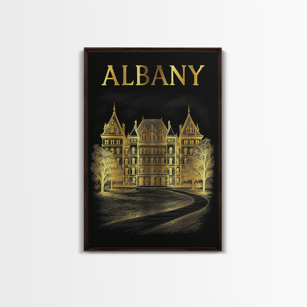 Albany New York Travel Poster, Canvas Print, Elegant Gold City Art, Albany Poster Print, Wanderlust Decor, Retro Travel Print, Travel Art
