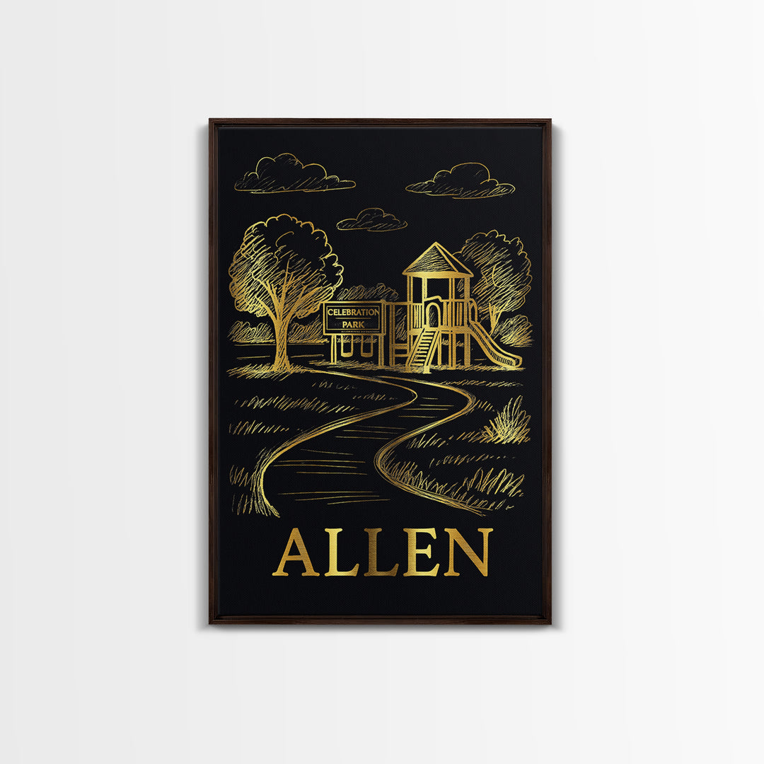 Allen Travel Poster, Canvas Print, Gold Sketch Wall Art, Allen Travel Art, Mid Century Wall Art, Travel Art Print, Watercolor City Skyline
