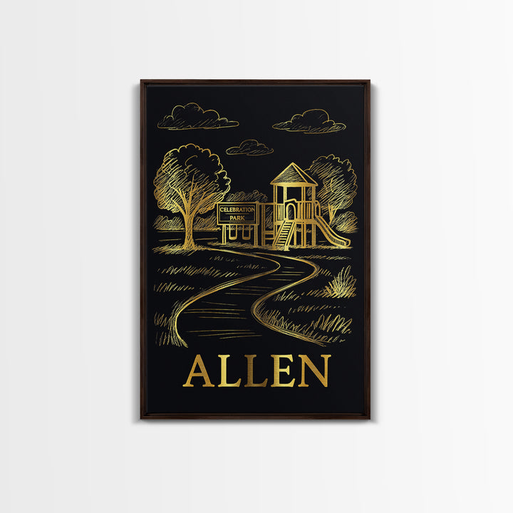 Allen Travel Poster, Canvas Print, Gold Sketch Wall Art, Allen Travel Art, Mid Century Wall Art, Travel Art Print, Watercolor City Skyline