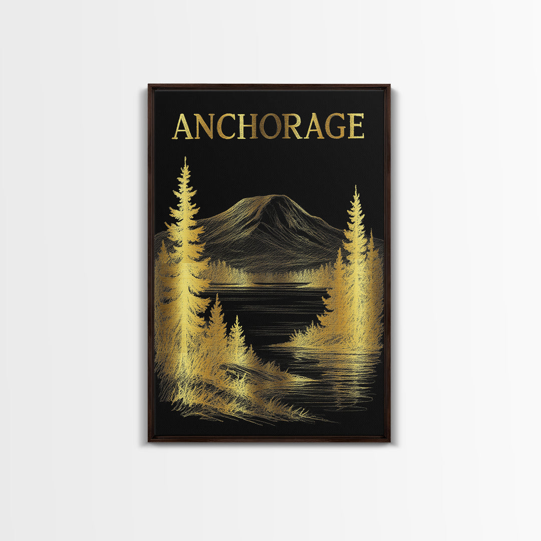 Anchorage Alaska Travel Poster, Canvas Print, Black And Gold Line Art, Anchorage Travel Art, Wall Art, Travel Wall Decor, Design 1