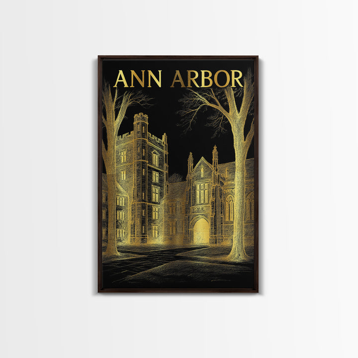 Ann Arbor Michigan Travel Poster, Canvas Print, Black And Gold Line Art, Ann Arbor Wall Art, Travel Art Print, Wall Art, City Art Print