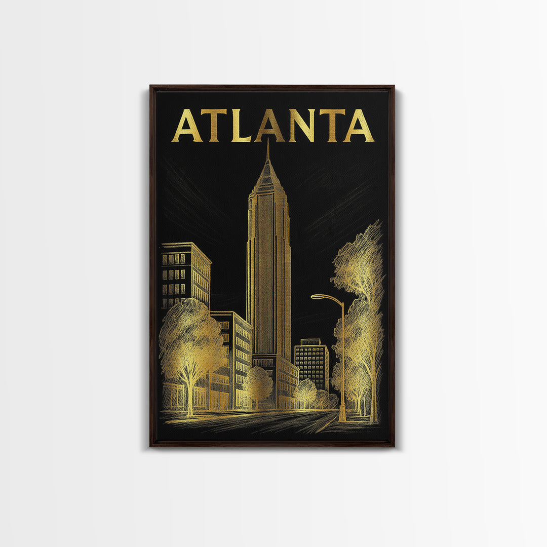 Atlanta Georgia Travel Poster, Framed Canvas Print, Dark Background Poster Art, Atlanta City Art, Vintage City Art, Living Room Wall Art